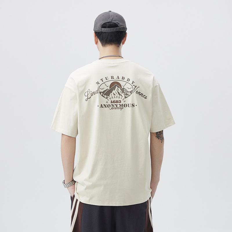 Tシャツ 男性用 美式復古風 半袖 コットン混紡 ゆったり トップス リラックス ウェア 接触冷感 抗菌 杏色 ブラック