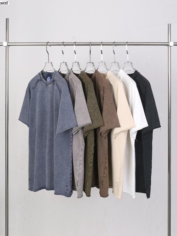 Tシャツ 男性用 半袖 レトロ ダメージ加工 カットオフ 無地 コットン100% ゆったり ラウンドネック 黒 グレー カーキ ベージュ ブルー オーバーサイズ2