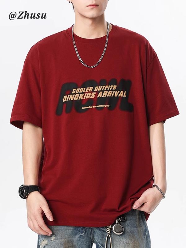 Tシャツ 男性用 半袖 コットン トップス 美式プリント ゆったり ラウンドネック インナーシャツ 普段使い 部屋着 吸湿速乾