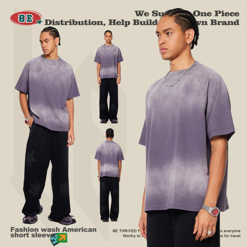 Tシャツ メンズ 男性用 ストリート系 ダメージ加工 ウォッシュ加工 グラデーション コットン100% 半袖 カットソー 夏物 普段使い ブラック パープル グレー ベージュ2