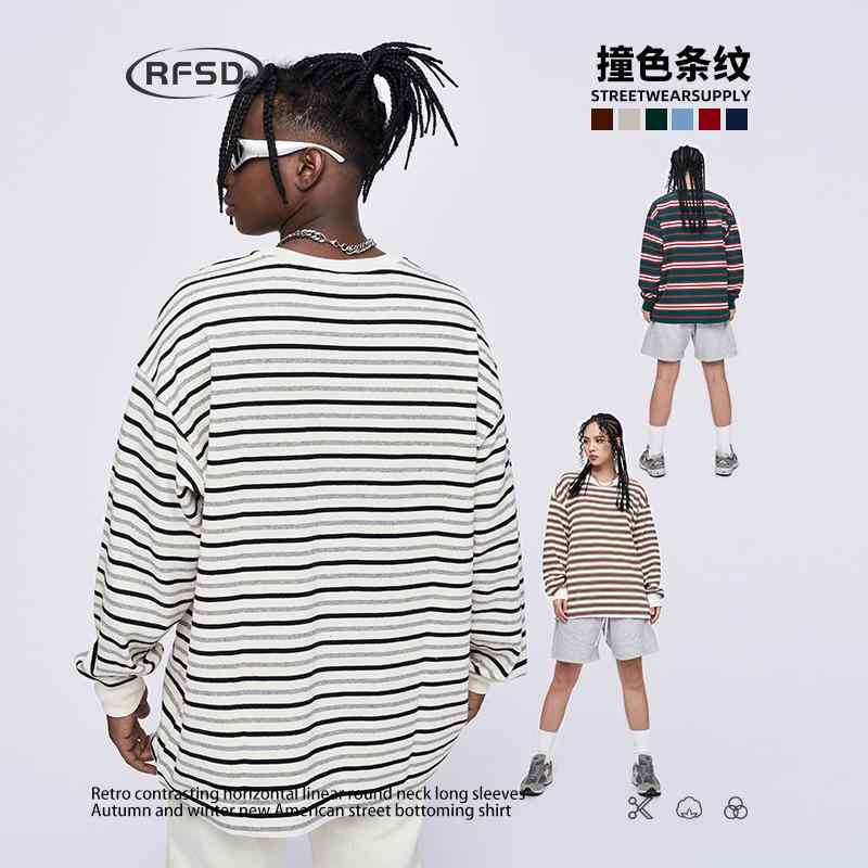 Tシャツ 男性用 ストライプ柄 トップス 長袖 ラウンドネック ドロップショルダー ゆったり 綿100％ 通気性 秋冬 ブルー グリーン カジュアルスタイル