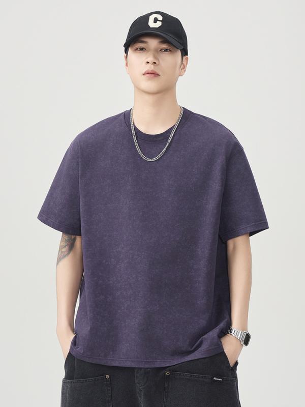 Tシャツ 男性用 ウォッシュド 半袖 ゆったり 厚手 綿 カットソー トップス カジュアル 普段使い 黒 グレー カーキ パープル 吸湿性 通気性