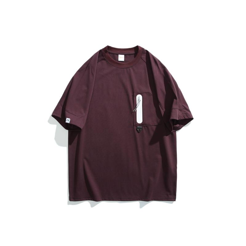Tシャツ 男性用 無地 半袖 コットン ジップアップ ポケット付き ルーズ 普段使い アウトドア 軍緑 黒 白 紫 部屋着