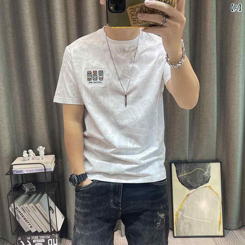 Tシャツ メンズ 半袖 コットン カートゥーン プリント スリム 刺繍 トップス ホワイト グレー ブルー ブラック M L XL XXL 3XL 4XL