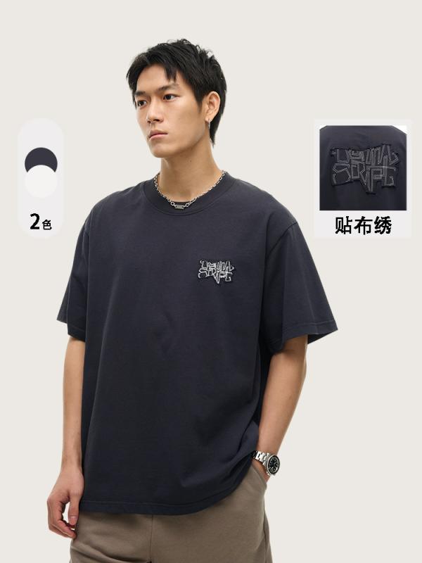 Tシャツ 男女兼用 半袖 コットン 刺繍 ワンポイント プリント クルーネック カットソー トップス ルーズ カジュアル スタイル 普段使い ホワイト 紺
