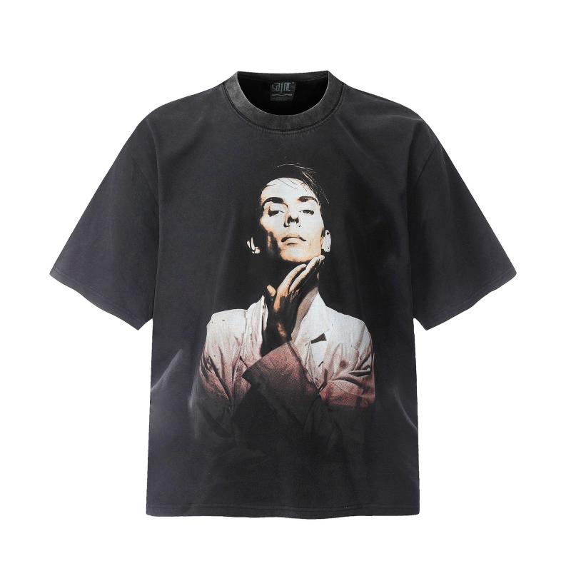 Tシャツ 男性用 半袖 コットン 洗い加工 ブラック ホワイト ストリート カジュアル プリント クルーネック カットソー トップス
