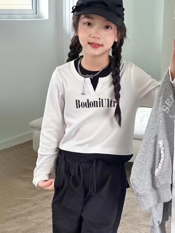 Tシャツ 女の子 長袖 春秋 トップス カットソー 重ね着風 インナー 綿 薄手 普段着 通学着 白 青