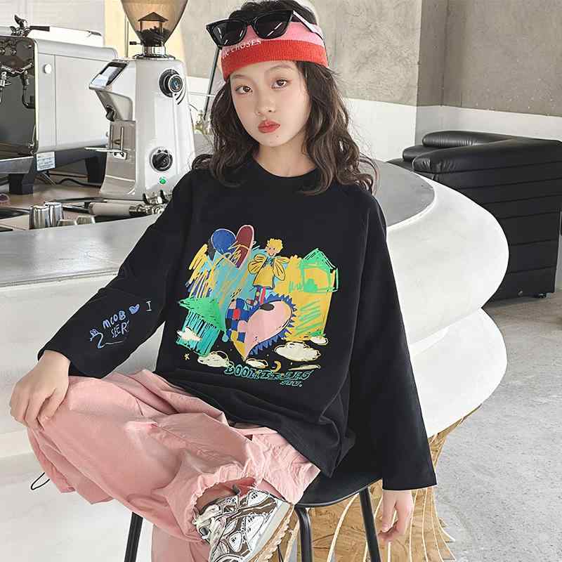 子供服 長袖Tシャツ ガールズ 春秋 B類 コットン ミドル丈 ビッグシルエット カットソー トップス 通学 普段使い 8歳 140cm以上 ミルクホワイト ブラック