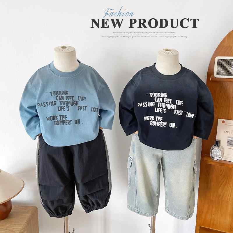 子供服 長袖Tシャツ 男女兼用 グラデーション アルファベット柄 春秋 トップス カットソー 綿 保温性 普段着 運動着 ブラック ブルー系
