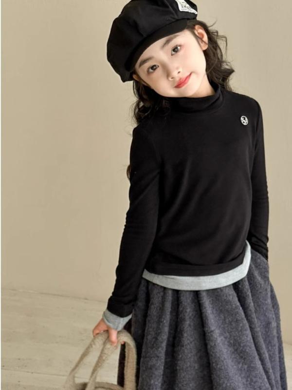 Tシャツ 女の子 子供服 長袖 カットソー モックネック 切り替え 伸縮性 無地 トップス ガールズ カジュアル かわいい おしゃれ 秋冬 綿