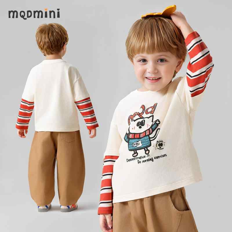子供服 長袖Tシャツ 男の子 ストライプ切り替え カジュアル 春物 コットン ミックス 90 100 110 120 130 140
