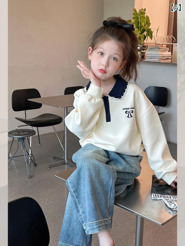 子供服 スウェット ガールズ 春秋 ポロネック トップス 女の子 8歳以上 長袖 ゆったり かわいい 綿 ミルクホワイト 110cm 120cm 130cm 140cm 150cm 160cm 170cm