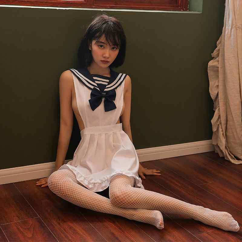 コスプレ衣装 セーラー服 かわいい ランジェリー 背中開き リボン フリル エプロン メイド服 セット 白 花柄レース 網タイツ
