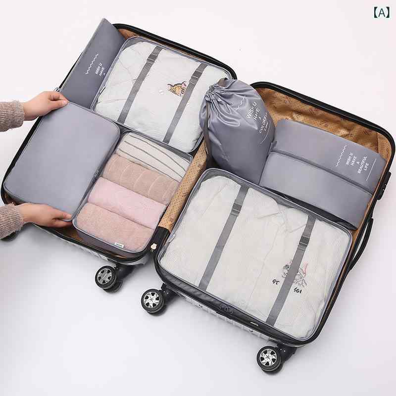 旅行用収納ケース 7点セット 衣類収納袋 アレンジケース トラベルポーチ 厚手 撥水加工 ポリエステル素材 旅行 出張 整理用 多用途 灰色2