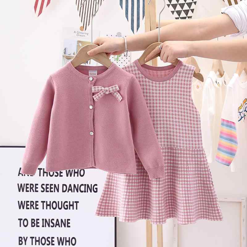ニット セットアップ キッズ 女の子 ニットカーディガン ベスト ワンピース 2点セット 子供服 格子柄 モダール かわいい ガーリー カジュアル 秋冬 ブラック ピンク系 レッド