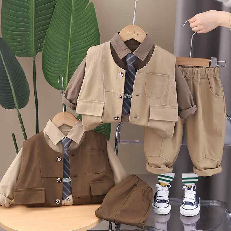 子供服 男の子 春秋 シャツ ベスト パンツ 3点セット カジュアル 80cm 90cm 100cm 110cm 120cm コットン