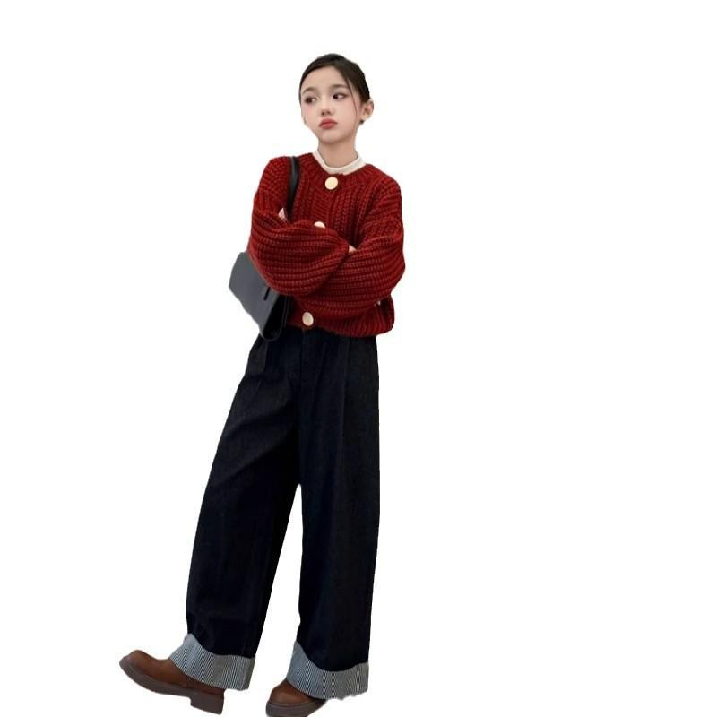ニット カーディガン キッズ 女の子 子供服 秋冬 長袖 トップス 120 130 140 150 160 170cm レッド かわいい おしゃれ 韓国風 普段着 8歳以上 10歳 12歳 14歳