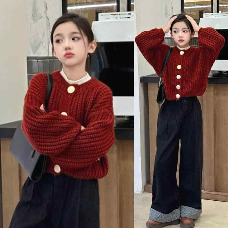 ニット カーディガン キッズ 女の子 子供服 秋冬 長袖 トップス アウター 丸首 8歳以上 120cm 130cm 140cm 150cm 160cm 170cm 普段使い 潮范 韓版 レッド ポリエステル