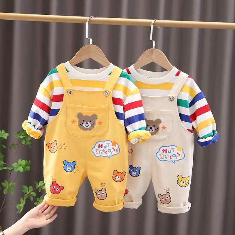 ベビー キッズ 秋物 上下セット 背当て ズボン セットアップ 子供服 かわいい 小熊柄 ボーダー柄 トレーナー パンツ 80 90 100 110cm