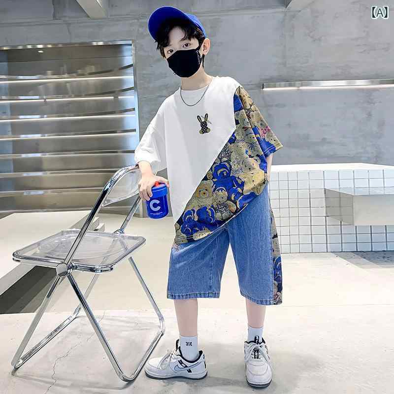 キッズ 男の子用 セットアップ 半袖 短パン 薄手 夏服 上下セット カートゥーン柄 130cm 120cm 140cm 150cm 160cm 170cm ホワイト ブラック