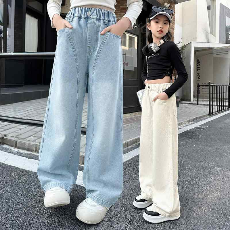 パンツ キッズ 女児 デニム 春秋 中学生 ワイドレッグ 普段使い ガールズ 子供服 ロングパンツ 120 130 140 150 160 170 ホワイト ライトブルー