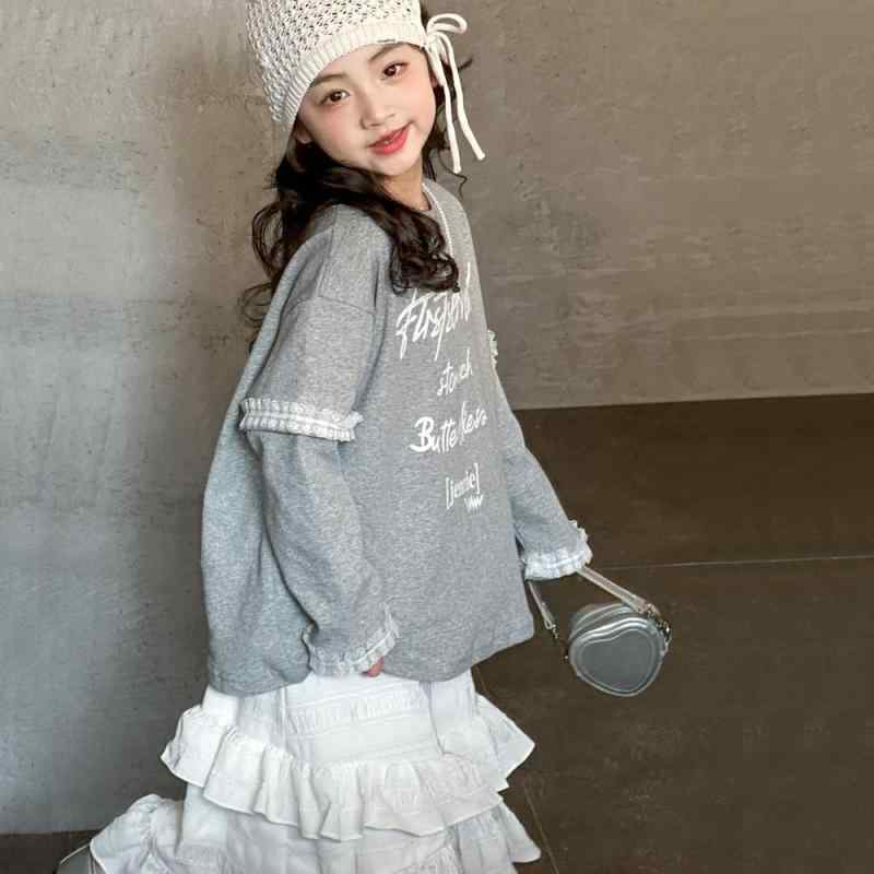子供服 トレーナー 女の子 レース フリル 長袖 トップス かわいい 春秋 綿 中大童 8歳以上 グレー アイボリー ホワイト 110cm 120cm 130cm 140cm 150cm 160cm