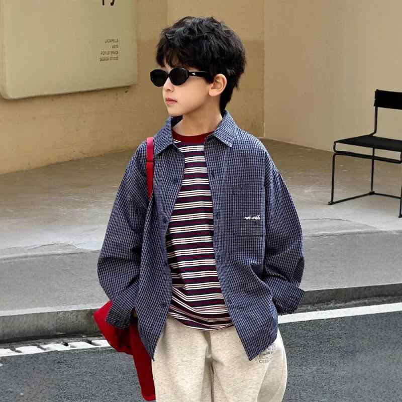 シャツ キッズ 長袖 チェック柄 コットン 男の子 子供服 春秋 日本製 レトロ 柔らかい 快適 普段着 通学 120cm 130cm 140cm 150cm 160cm 170cm ブルー