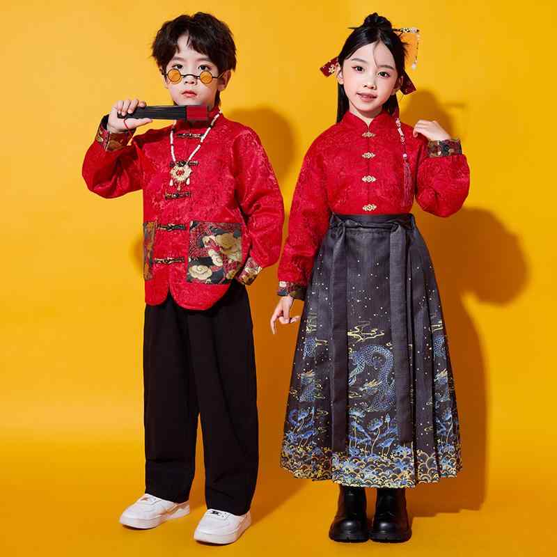 子供用 コスチューム 上下セット 女の子 唐装 漢服 チャイナドレス 黒 馬面スカート 赤 国風 舞台衣装 発表会 演奏会 普段着 ポリエステル