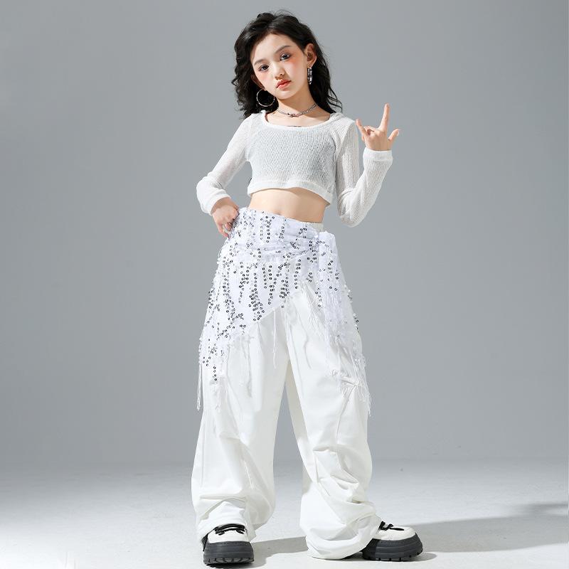 ダンス衣装 キッズ 女の子 ジャズダンス ストリートダンス ウェア セットアップ スパンコール へそ出し トップス パンツ チアガール 練習着 発表会 舞台用 演出服 春秋