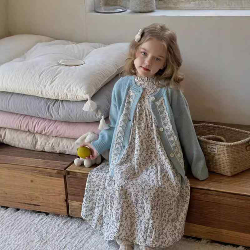 子供服 ニット カーディガン 女の子 春秋 レース フリル 長袖 トップス 丸首 コットン混紡 アウター かわいい おしゃれ 普段着