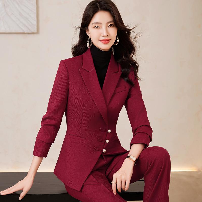 スーツ レディース 秋冬 長袖 職業 フォーマル ポリエステル ホテル フロント 受付 制服 上下セット 赤 黒