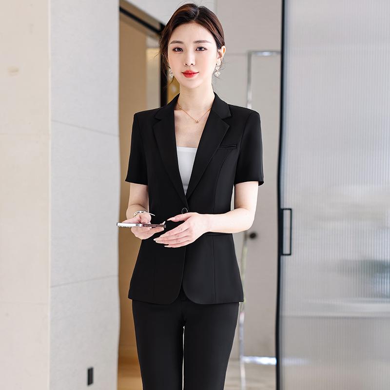 スーツ レディース 正装 薄手 半袖 事務服 リクルート 就活 面接 ホテル レストラン 制服 ポリエステル ブラック ブルー 大きいサイズ