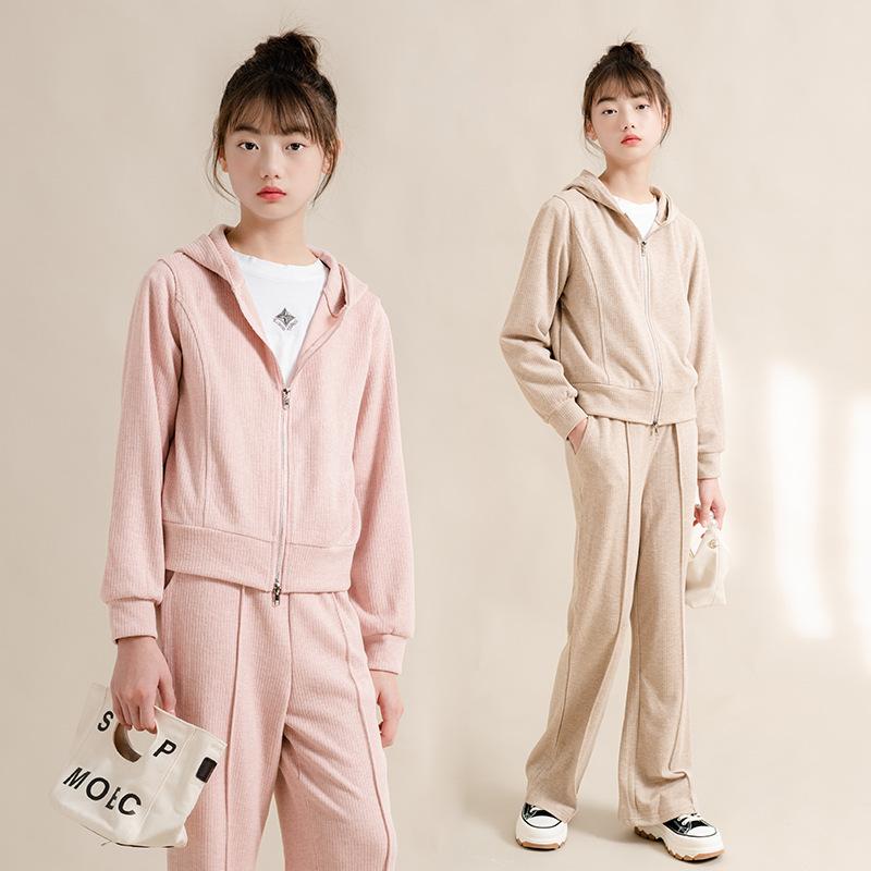 キッズ 女の子 パンツスーツ 上下セット ニット カーディガン パーカー ワイドレッグパンツ 厚手 普段着 部屋着 運動着 秋冬