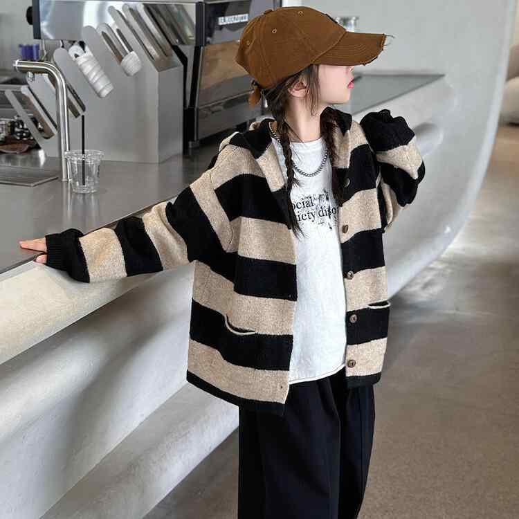 ニット・セーター キッズ 女の子 ストライプ ニット カーディガン 子供服 長袖 春秋 薄手 トップス アウター 韓国 かわいい おしゃれ 普段着 部屋着 通学着