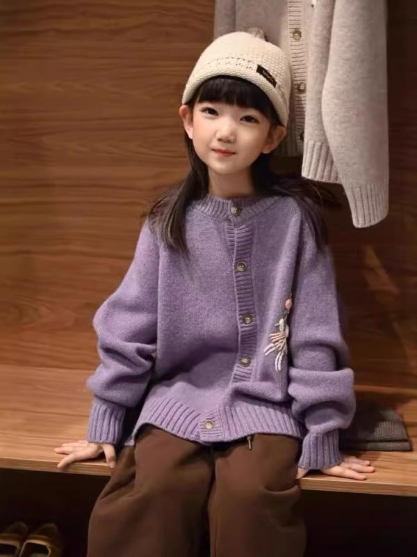 子供服 女の子 カーディガン ニット アウター うさぎ柄 ラウンドネック かわいい カジュアル スタイル 普段使い お出かけ 110cm 120cm 130cm 140cm 150cm 160cm パープル系