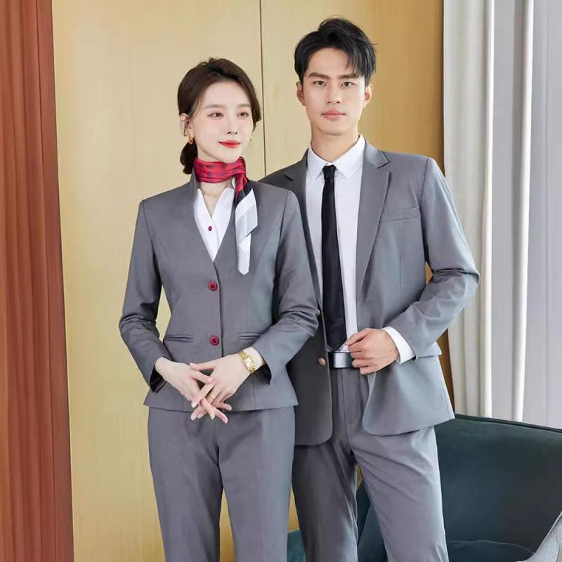 スーツ 男性用 女性用 ホテル 制服 ユニフォーム 上下セット フォーマル 長袖シャツ ブラウス パンツ 接客 事務服 オフィス ビジネス 春秋冬 ブルー グレー レッド 大きいサイズ