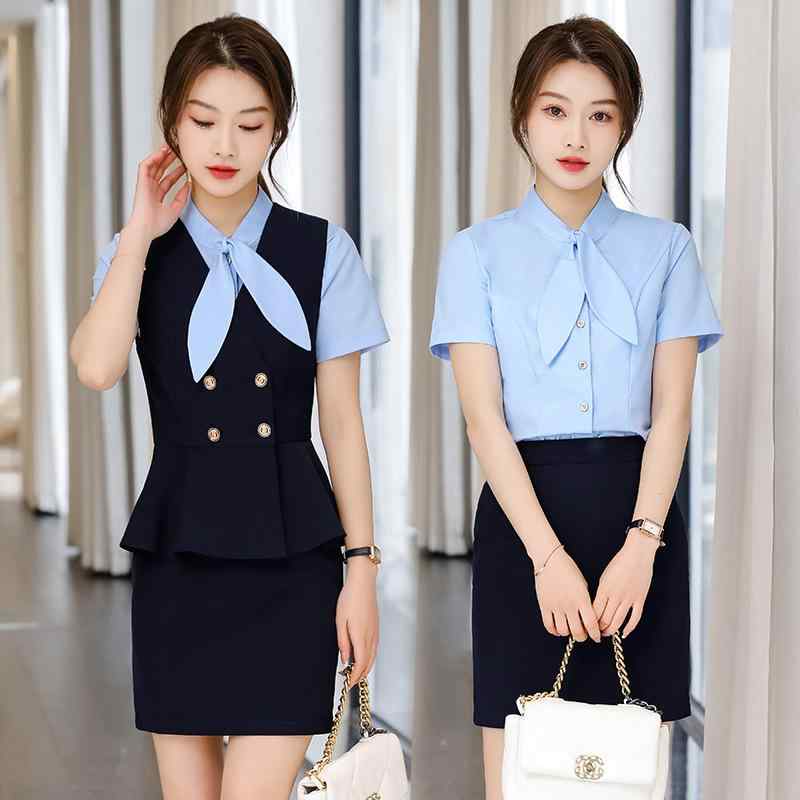 事務服 レディース スーツ セットアップ 半袖シャツ 膝丈スカート テーパードパンツ 4点セット ポリエステル アクリル 美容部員 受付 オフィス 通勤 事務 仕事着 制服 フォーマル 清潔感