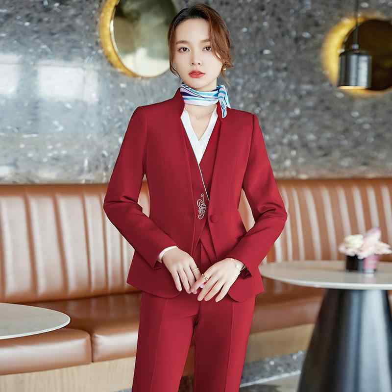 スーツ レディース 春秋 ホテル 美容院 制服 赤ベスト 受付 接客 フォーマル 職業 セットアップ パンツ 長袖 半袖 ポリエステル 伸縮性