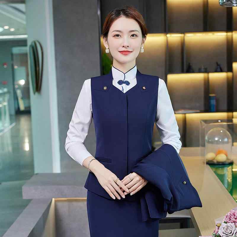 レディース ベスト セットアップ ホテル フロント 受付 制服 ポリエステル 仕事着 ブラック ブルー ワインレッド スカート パンツ シャツ OL 通勤