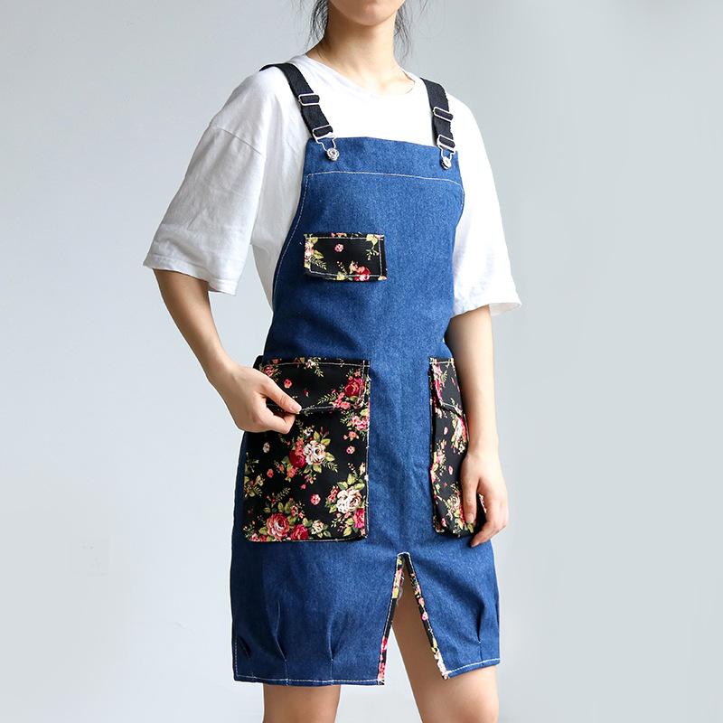 エプロン レディース 女性用 デニム 無袖 家庭用 料理 教室 美容院 仕事用 ガーデニング 図工 DIY 深青 黒2