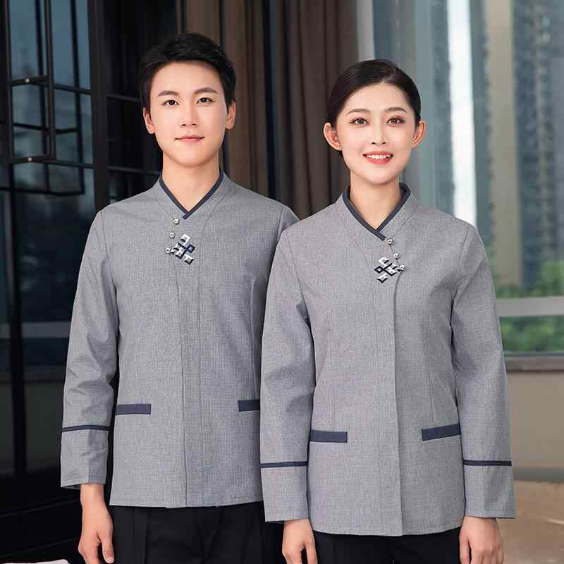 作業着 長袖 男女兼用 清掃員 家政婦 ホテル 旅館 ポリエステル 作業服 立襟 ブルー グレー 3L 4L 5L
