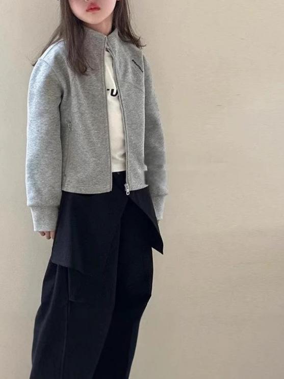 子供服 ジャケット 女の子 春秋 子供用 カーディガン スウェット トレーナー 長袖 トップス 無地 グレー 120 130 140 150 160 170