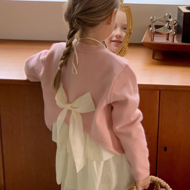 子供服 ニットカーディガン 女の子 秋冬 ニット カーディガン 子供 長袖 トップス 丸首 無地 伸縮性 かわいい 柔らかい 通園 通学 普段着 ピンク ブルー系