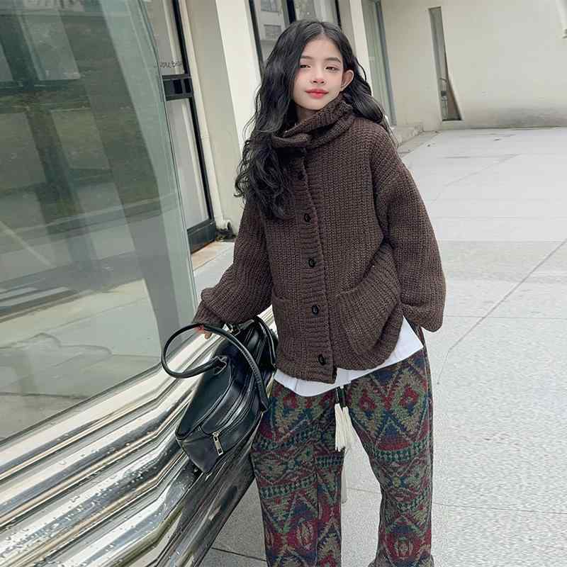 ニット・セーター キッズ 秋冬 ゆったり 高 Col ネック 厚手 ニット カーディガン レトロ 女の子 子供服 トップス 普段使い かわいい 暖かい 防寒
