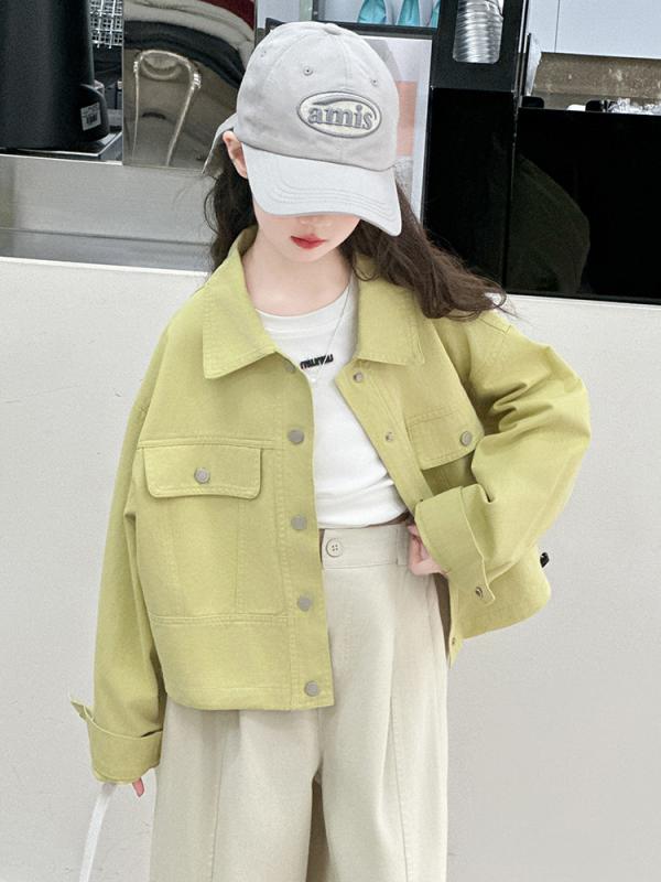 子供服 ジャケット 女の子 春秋 ブルゾン カジュアル アウター トップス 襟付き ショート丈 韓国 綿 淡黄色 アイボリー 120 130 140 150 160 170