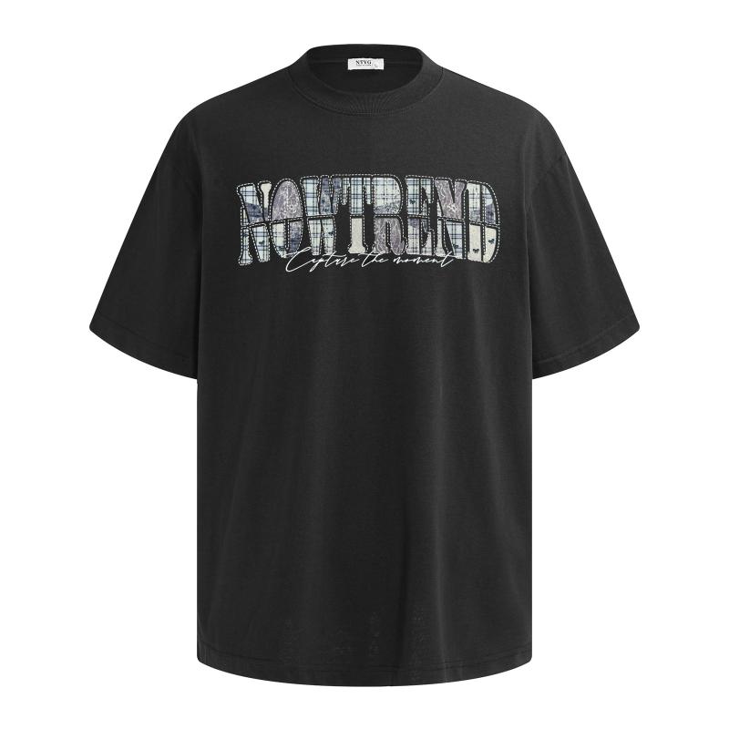 Tシャツ 男性用 半袖 コットン アルファベット パッチワーク クルーネック トップス ゆったり カジュアル ブラック グレー 春夏 ストリート