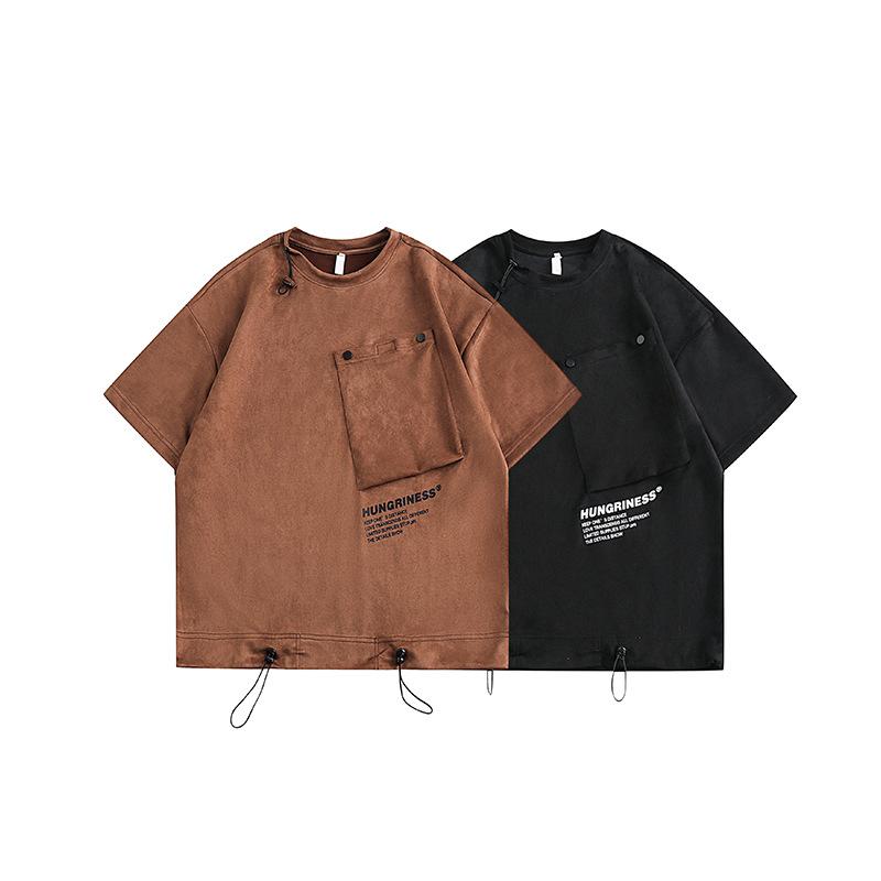 Tシャツ メンズ 男性用 トップス スエード 半袖 ゆったり ブラック 黒 コーヒー 珈琲色 ドロップショルダー ラウンドネック カジュアル