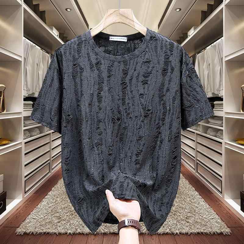 Tシャツ メンズ 男性用 半袖 大きいサイズ 満天星 ダメージ加工 ゆったりサイズ 180kg対応 薄手 ラウンドネック ドロップショルダー ブラック グレー ポリエステル 春夏2