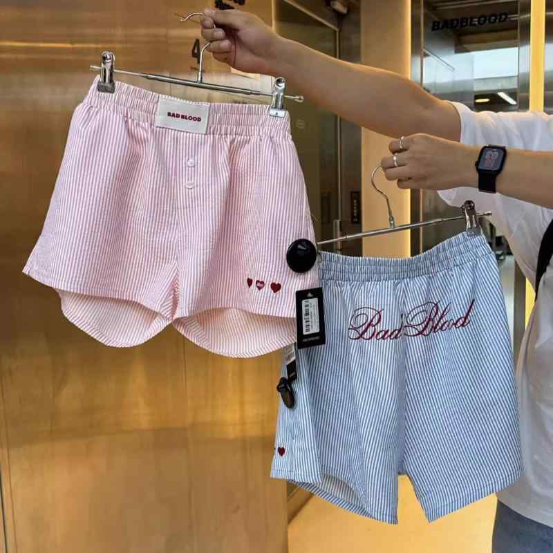 ショートパンツ レディース ストライプ スポーツ 短パン ルームウェア 部屋着 綿 薄手 普段使い ブルー系 ピンク系