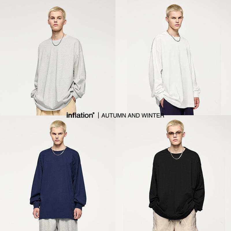 Tシャツ メンズ 男性用 秋冬 長袖 美式 コットン 無地 ルーズ ゆったり ストリート カジュアル 普段使い トップス 牙白 ブラック 燕麦灰 藏青2